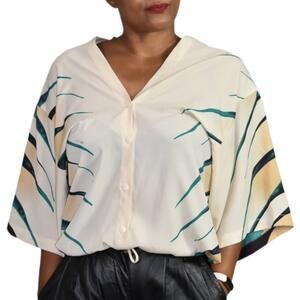 RaMona LaRue Silk Blouse Cream Top Drawstring Boho Button Front Shirt Size Small